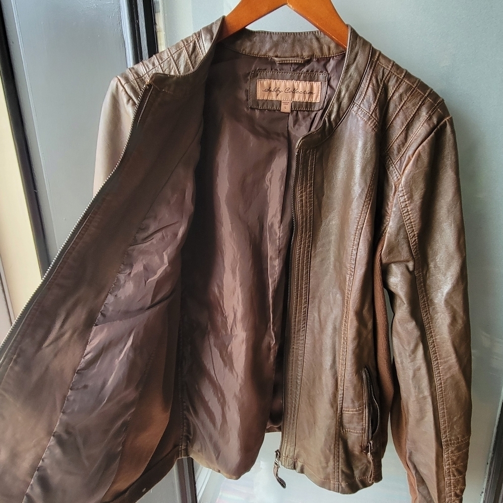 Sebby Collection Womens L Brown Whiskey Color Faux Leather Moto Style Jacket Zip - Picture 6 of 12